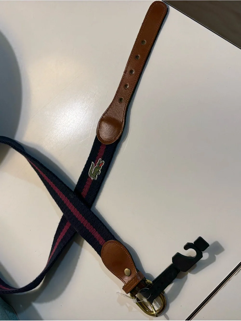 Vintage unisex Lacoste Izod Canvas Strap with Burgundy Center Stripe Belt